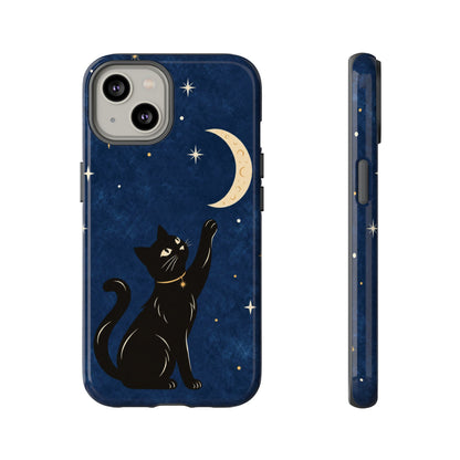 Whimsical Navy Blue Celestial Black Cat Phone Case