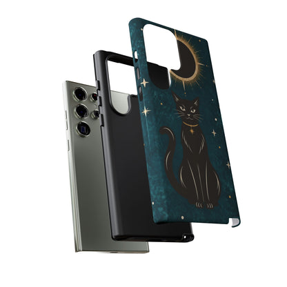 Whimsical Teal Celestial Black Cat Phone Case