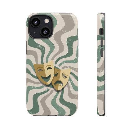 iPhone 13 Mini / Glossy Phone Case - Comedy & Tragedy Masks – Green Minimal Retro Wave Phone Case