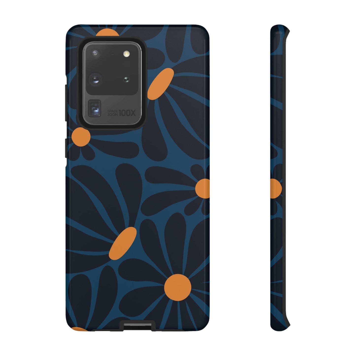 Samsung Galaxy S20 Ultra / Glossy Phone Case - ’Dark Blue & Orange Daisy Pattern’ Phone Case