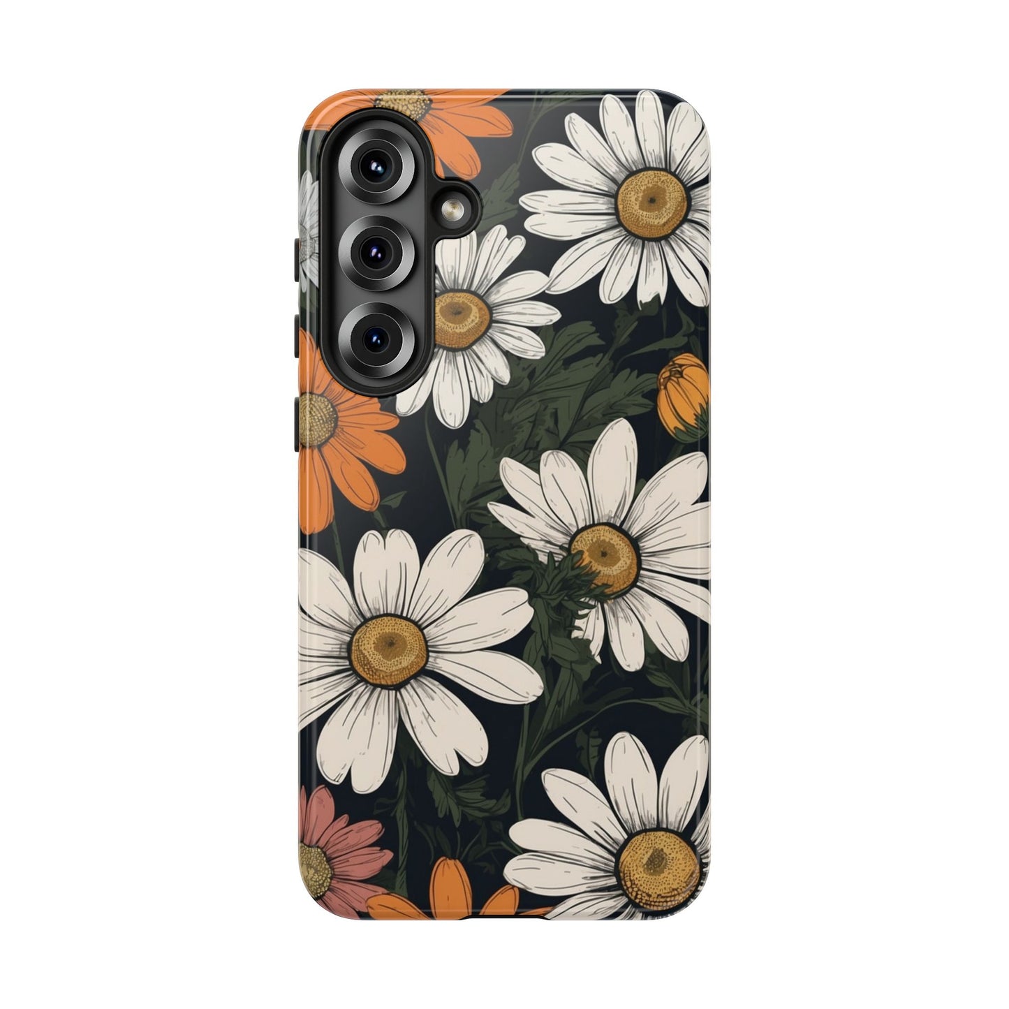 Samsung Galaxy S25 Plus / Glossy Phone Case - Boho Chic Daisies Floral Pattern ’White Orange & Pink’ Phone Case