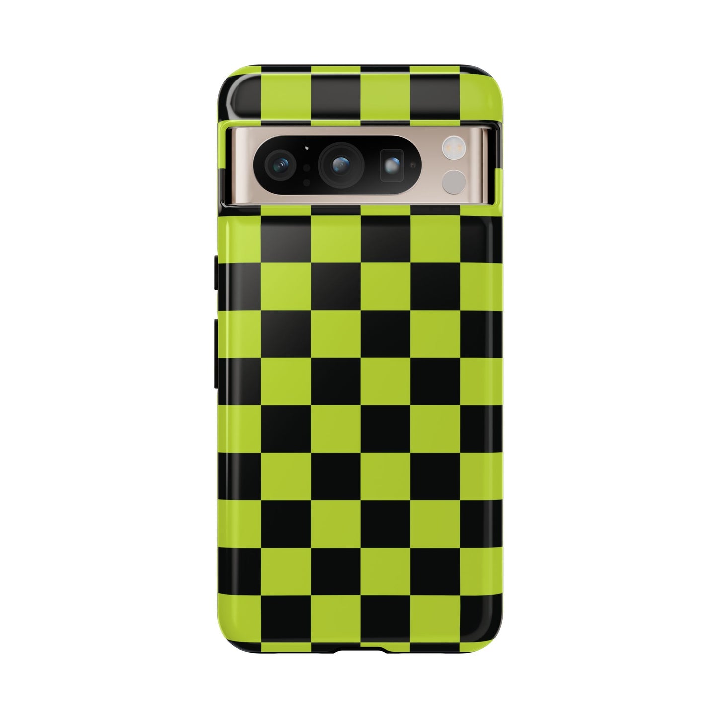 Google Pixel 8 Pro / Glossy Phone Case - Trendy Neon Lime Green & Black Checked Pattern Phone Case