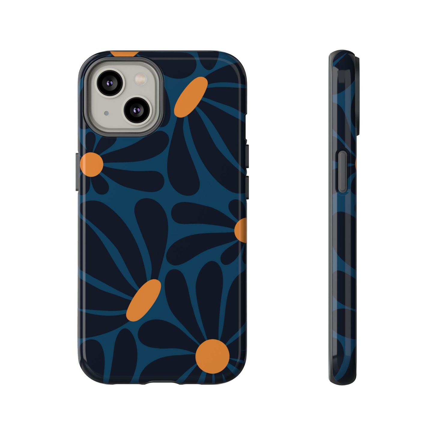 iPhone 14 / Glossy Phone Case - ’Dark Blue & Orange Daisy Pattern’ Phone Case