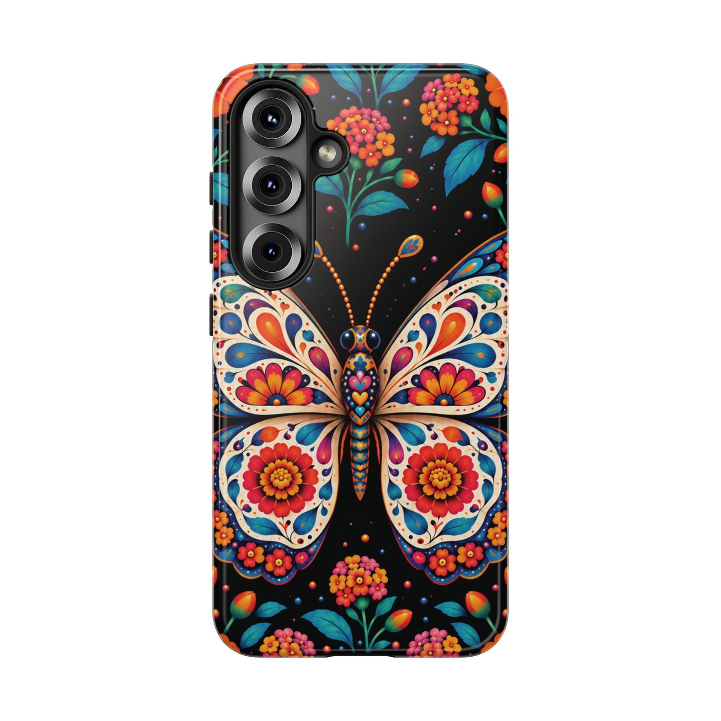 Vibrant Orange and Turquoise Calavera Butterfly Phone Case - Multicolor Phone Case - Samsung Galaxy S25 / Glossy