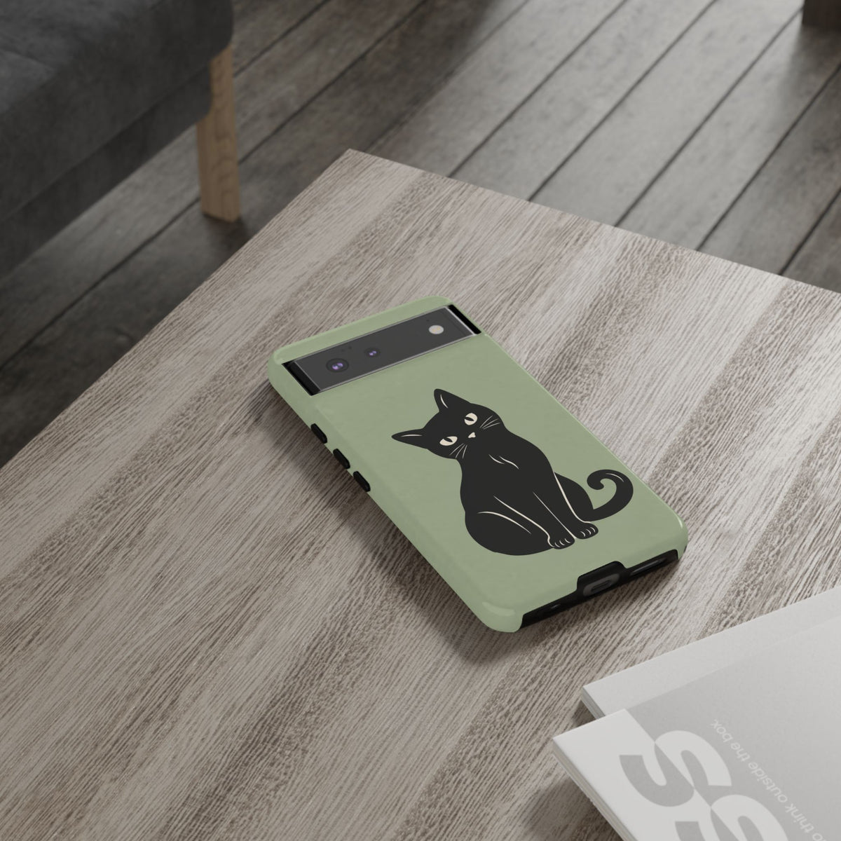 Minimalist Sage Green & Black Cat Phone Case