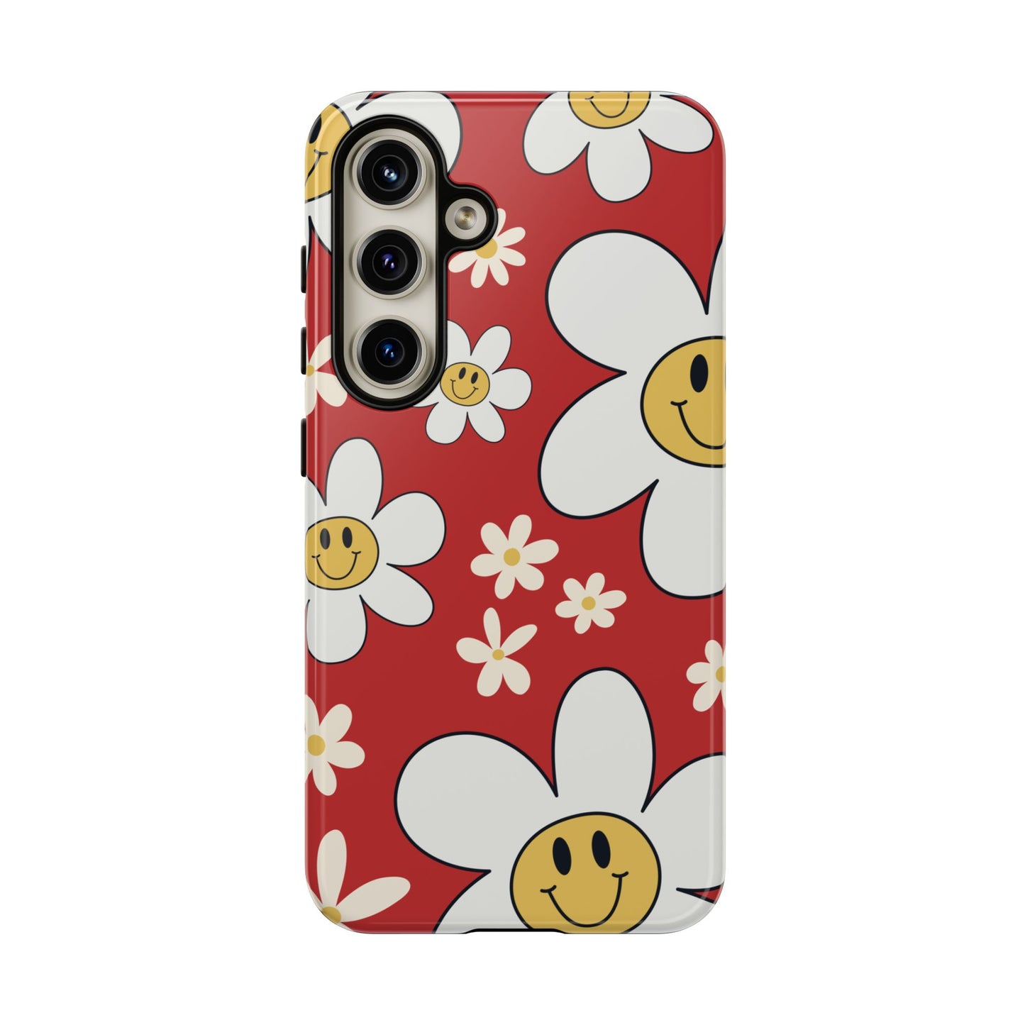 Samsung Galaxy S24 / Glossy Phone Case - Fun Retro Daisy Pattern with Red Background Phone Case