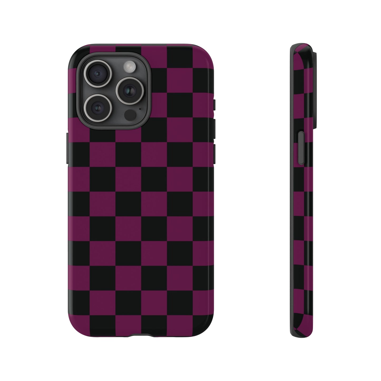 iPhone 15 Pro Max / Glossy Phone Case - Trendy Plum & Black Checked Pattern Phone Case