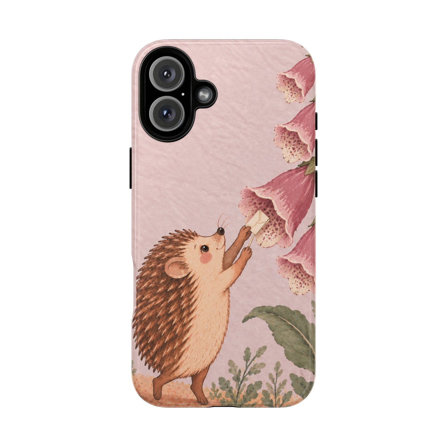 Whimsical Blush Pink Hedgehog and Foxglove Phone Case - Pink Phone Case - iPhone 16 Plus / Glossy