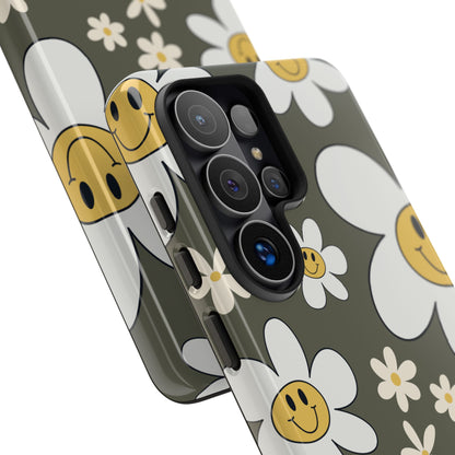 Fun Retro Daisy Pattern with Olive Green Background Phone Case - Green Phone Case