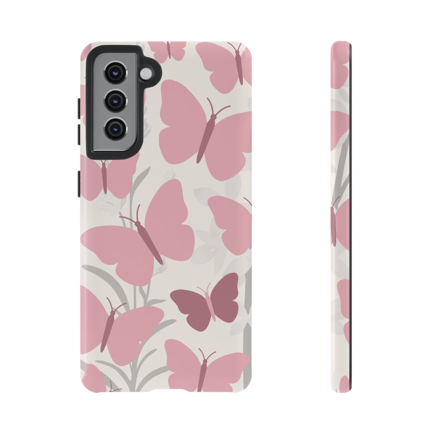 Samsung Galaxy S21 / Glossy Phone Case - Minimalist Cream & Pink Butterfly Pattern Phone Case