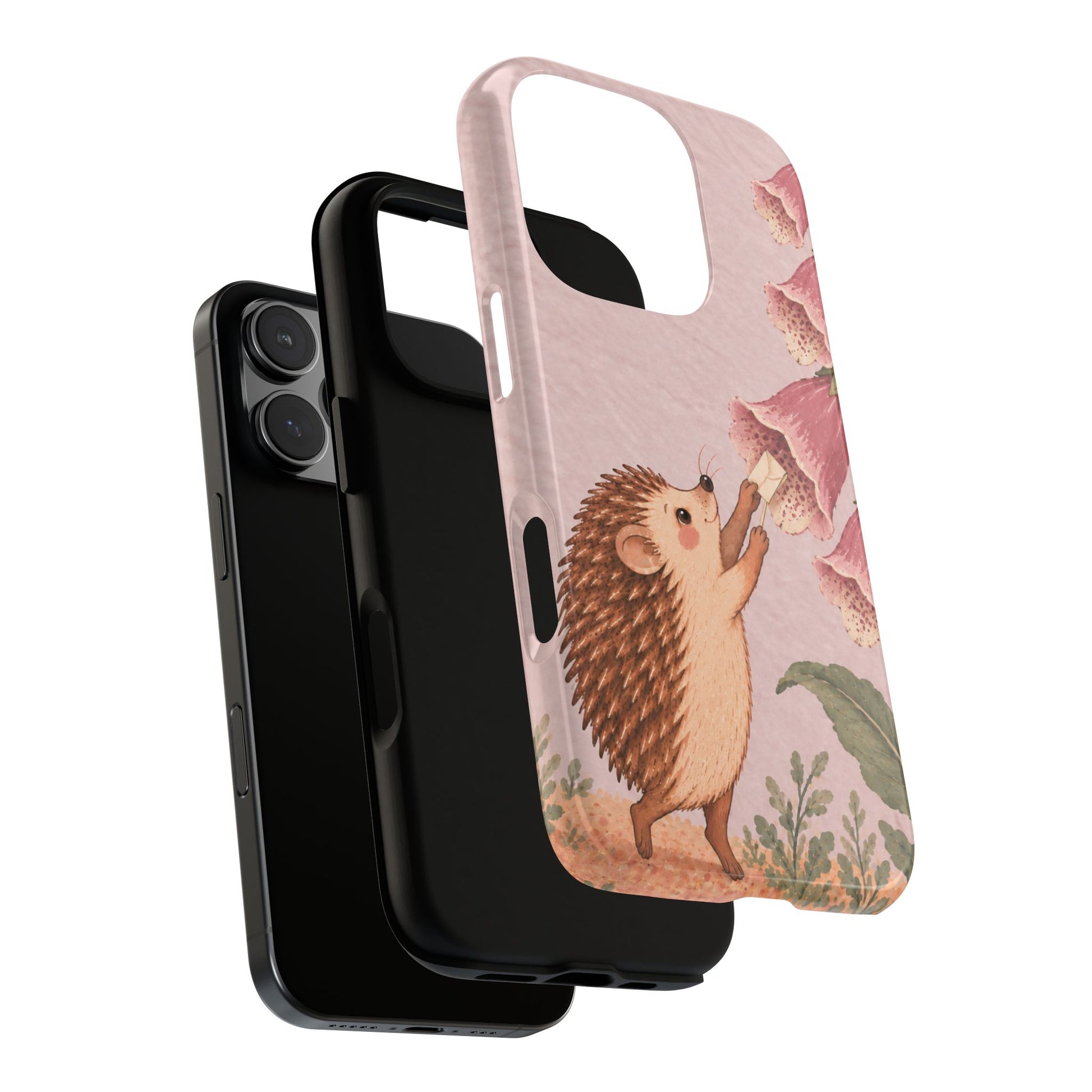Whimsical Blush Pink Hedgehog and Foxglove Phone Case - Pink Phone Case