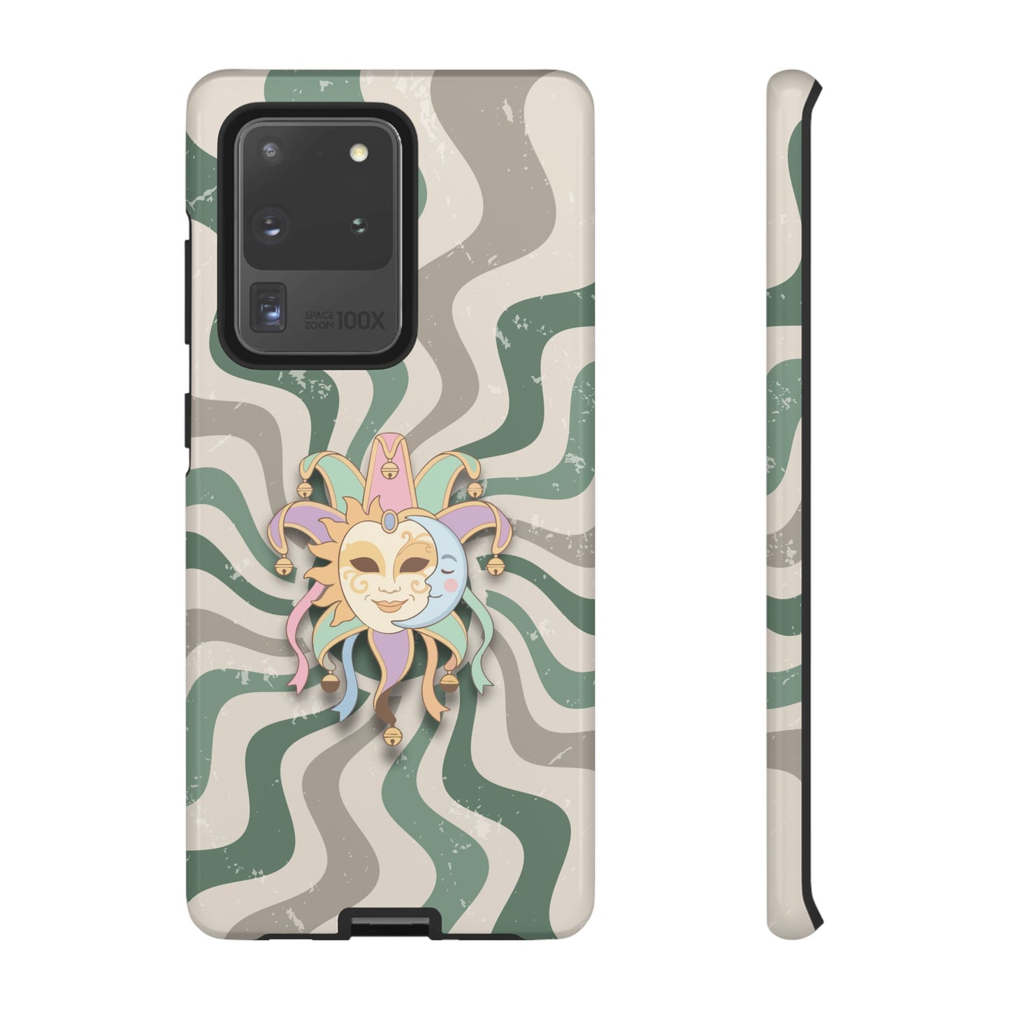 Samsung Galaxy S20 Ultra / Glossy Phone Case - Sun & Moon Jester Mask – Green Retro Wave Phone Case