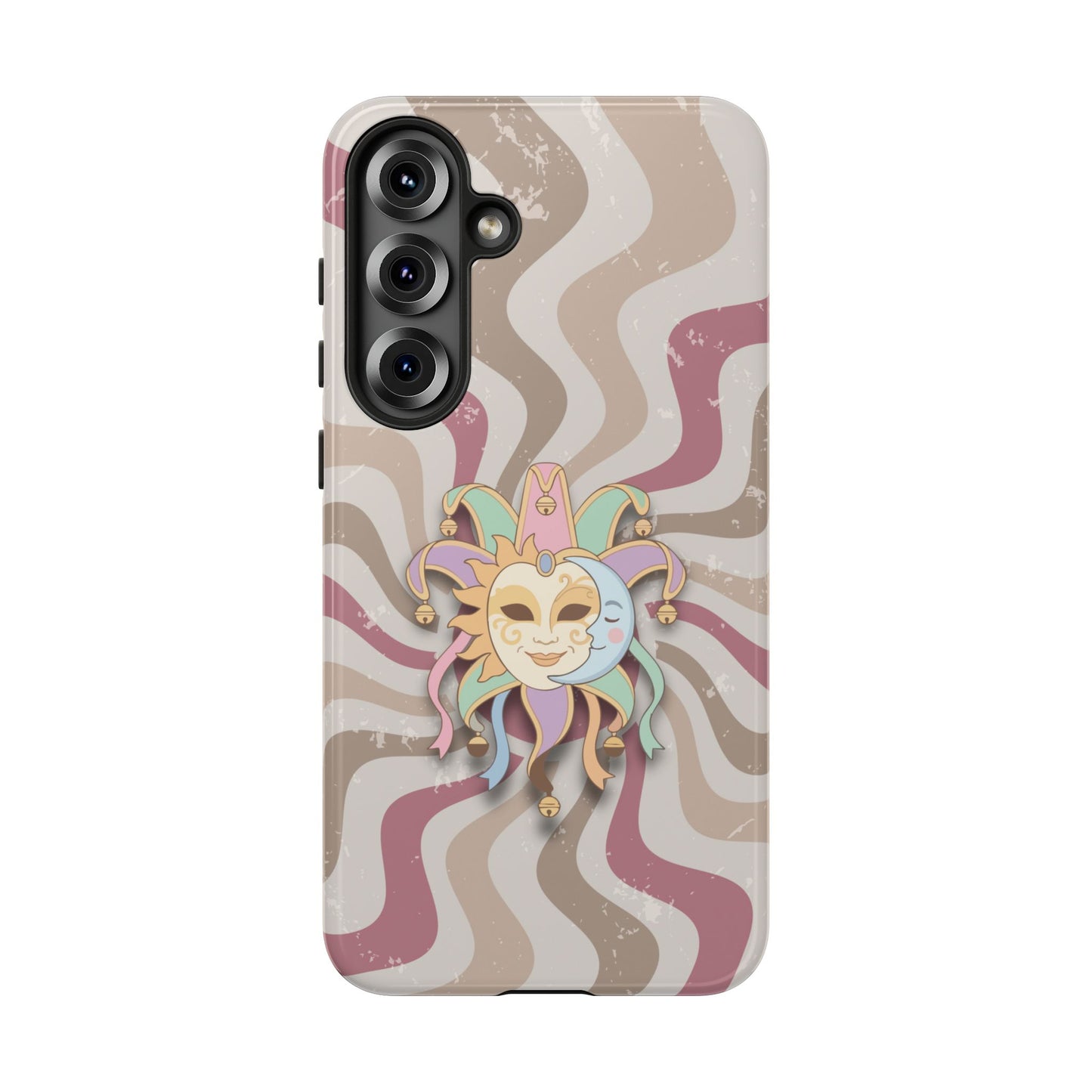 Sun & Moon Jester Mask – Pink Retro Wave Phone Case - Pink Phone Case - Samsung Galaxy S25 Plus / Glossy