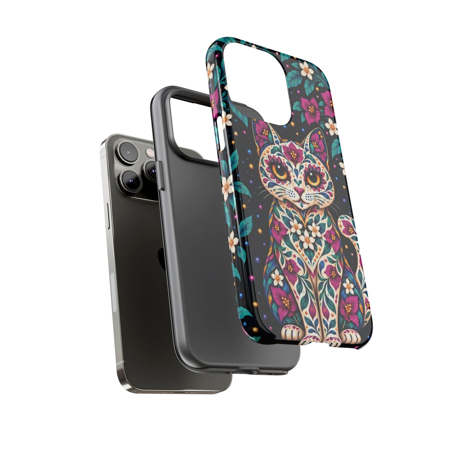 Vibrant Purple and Teal Calavera Cat Phone Case - Multicolor Phone Case