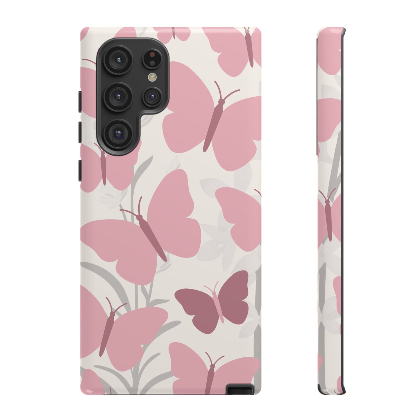 Samsung Galaxy S22 Ultra / Glossy Phone Case - Minimalist Cream & Pink Butterfly Pattern Phone Case