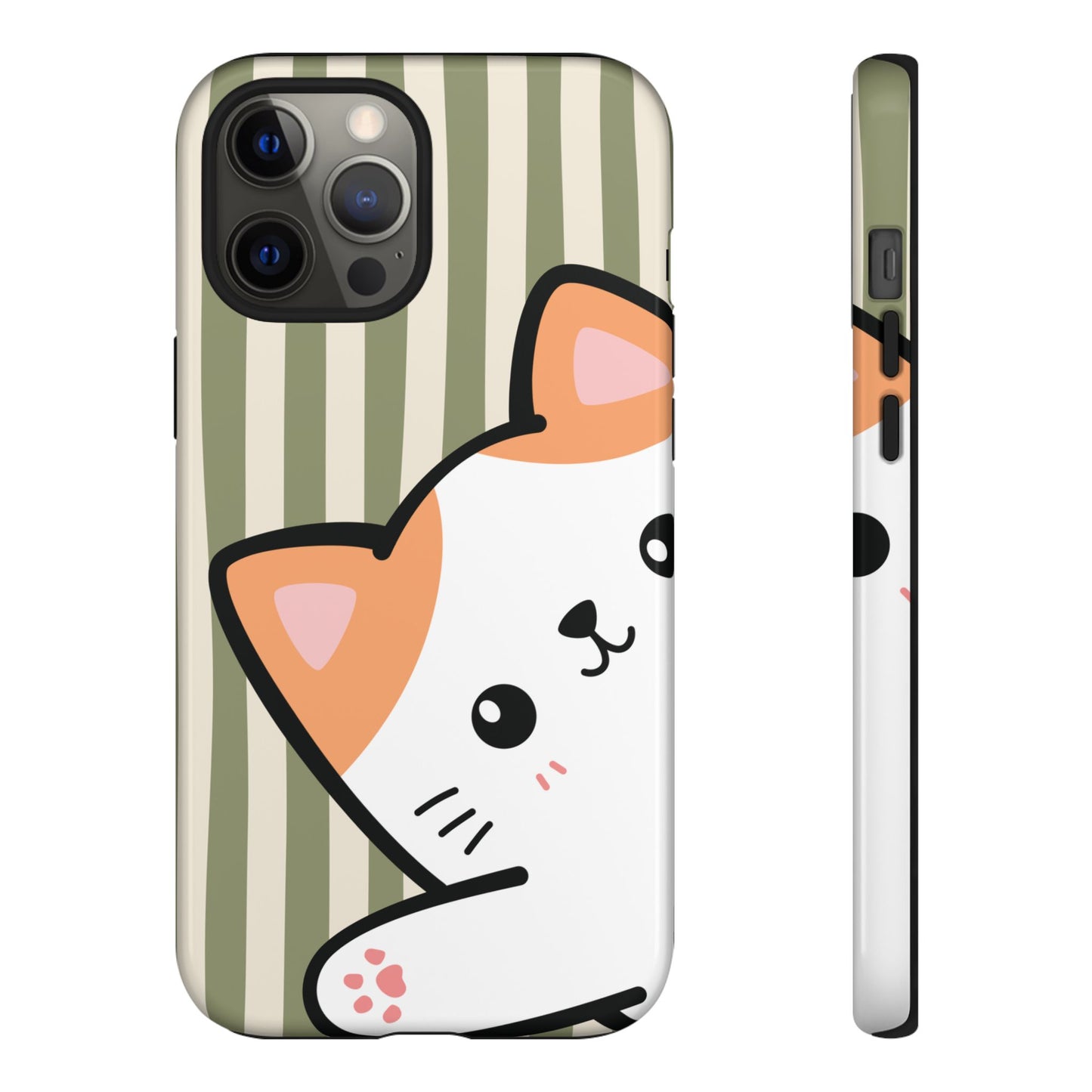 iPhone 12 Pro Max / Glossy Phone Case - Peakaboo Cat with Green Stripe Pattern Phone Case