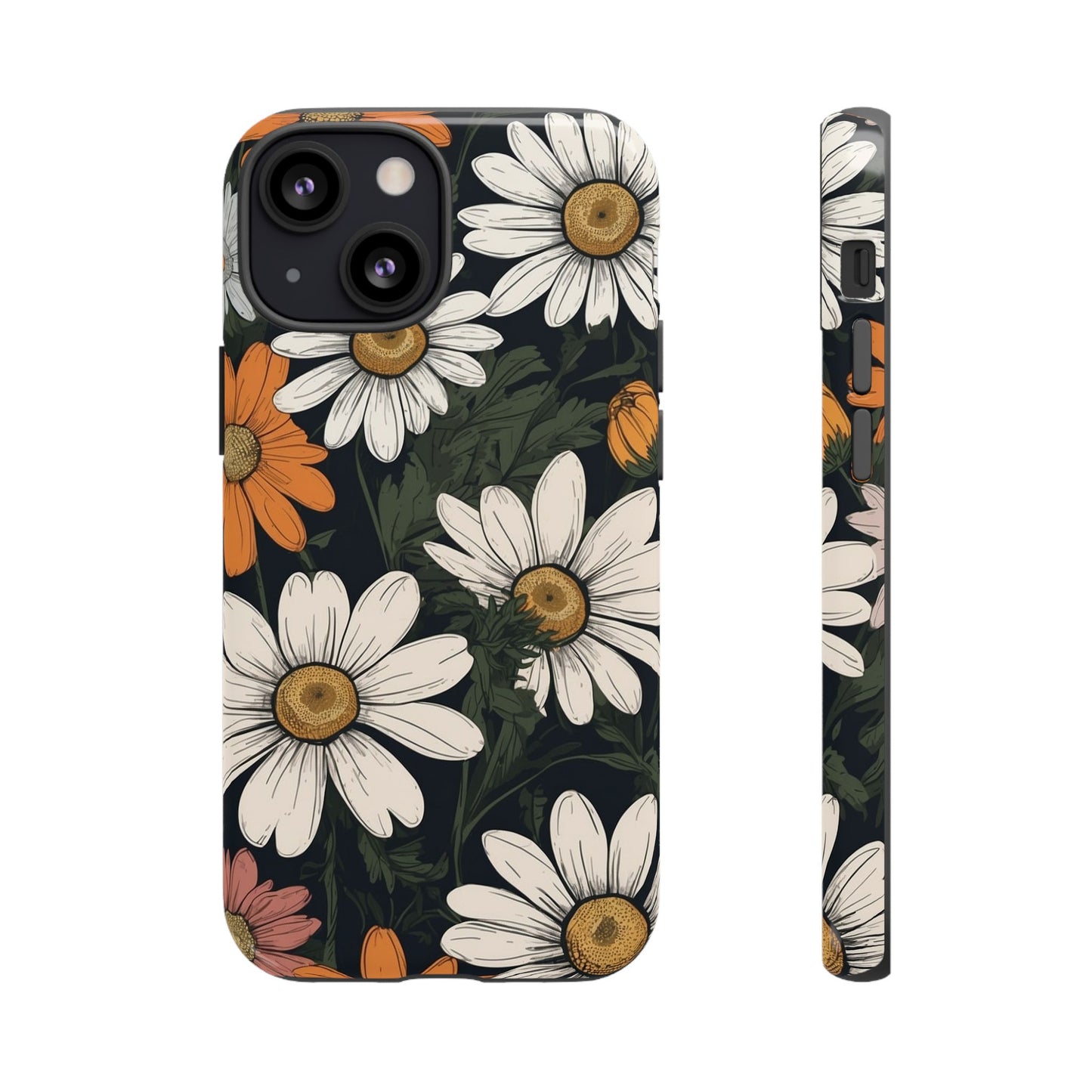 iPhone 13 Mini / Glossy Phone Case - Boho Chic Daisies Floral Pattern ’White Orange & Pink’ Phone Case