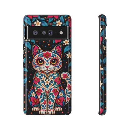 Vibrant Pink and Turquoise Calavera Cat Phone Case - Multicolor Phone Case - Google Pixel 6 Pro / Glossy