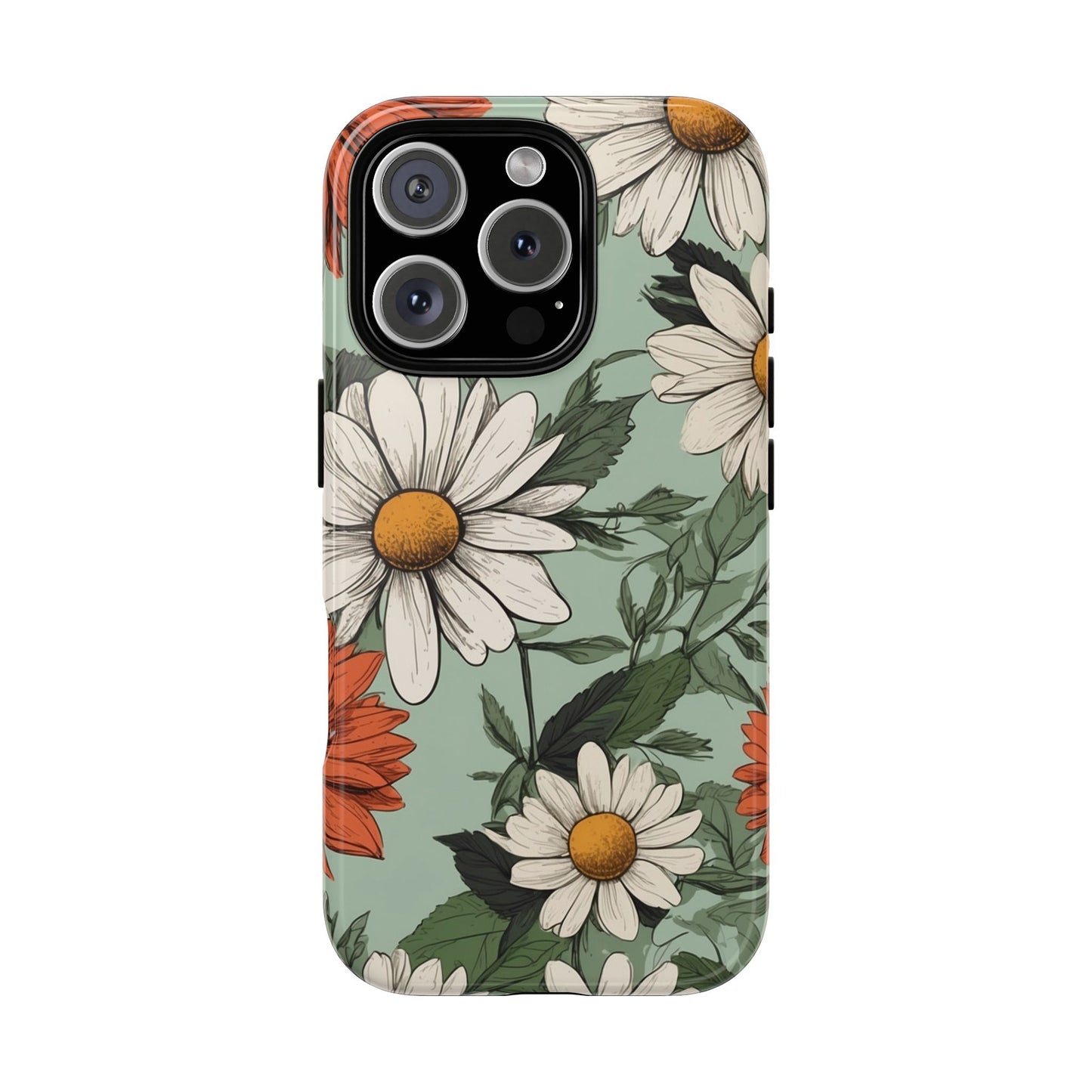 iPhone 16 Pro / Glossy Phone Case - Boho Chic Daisies Floral Pattern ’White & Orange’ Phone Case