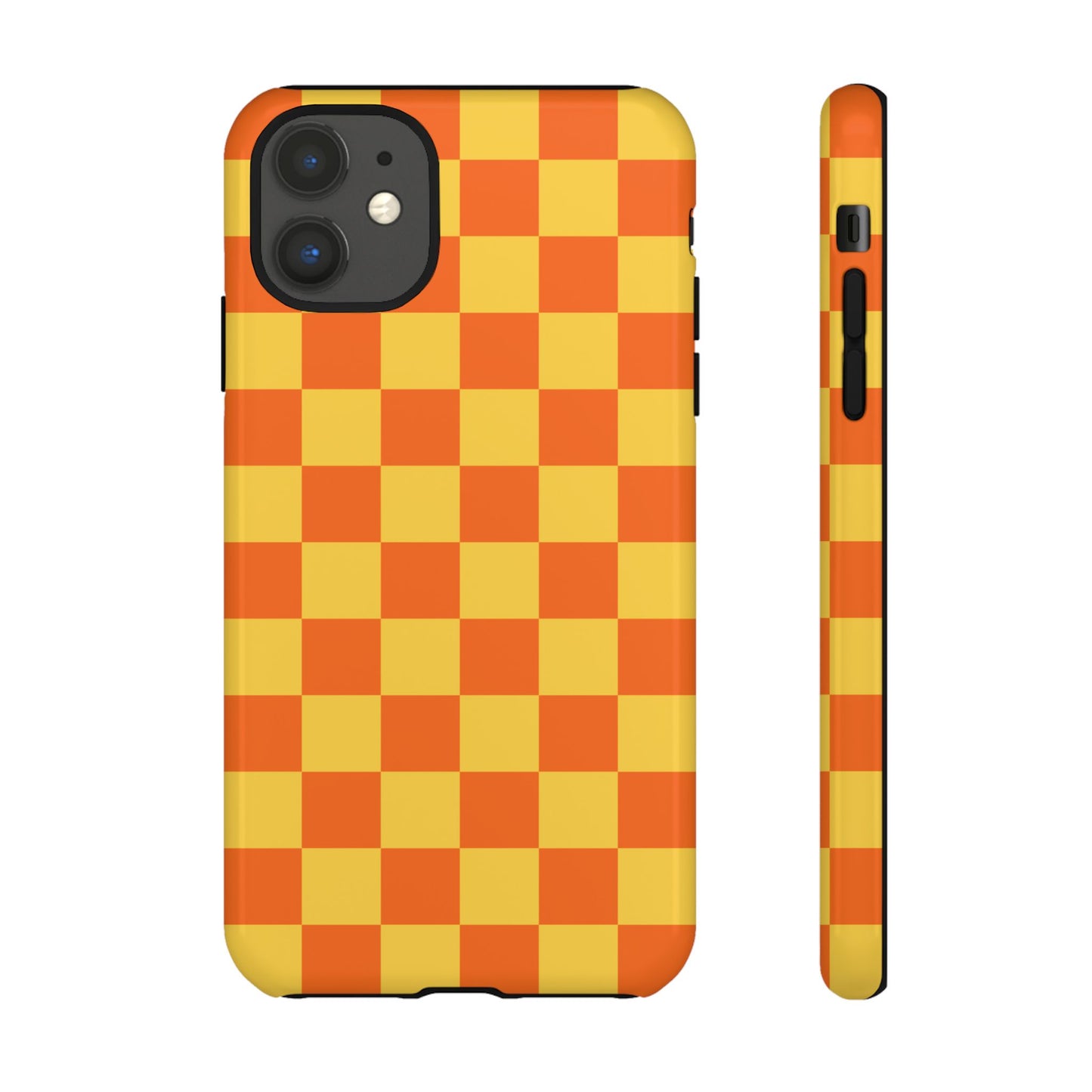 iPhone 11 / Glossy Phone Case - Trendy Orange & Yellow Checked Pattern Phone Case