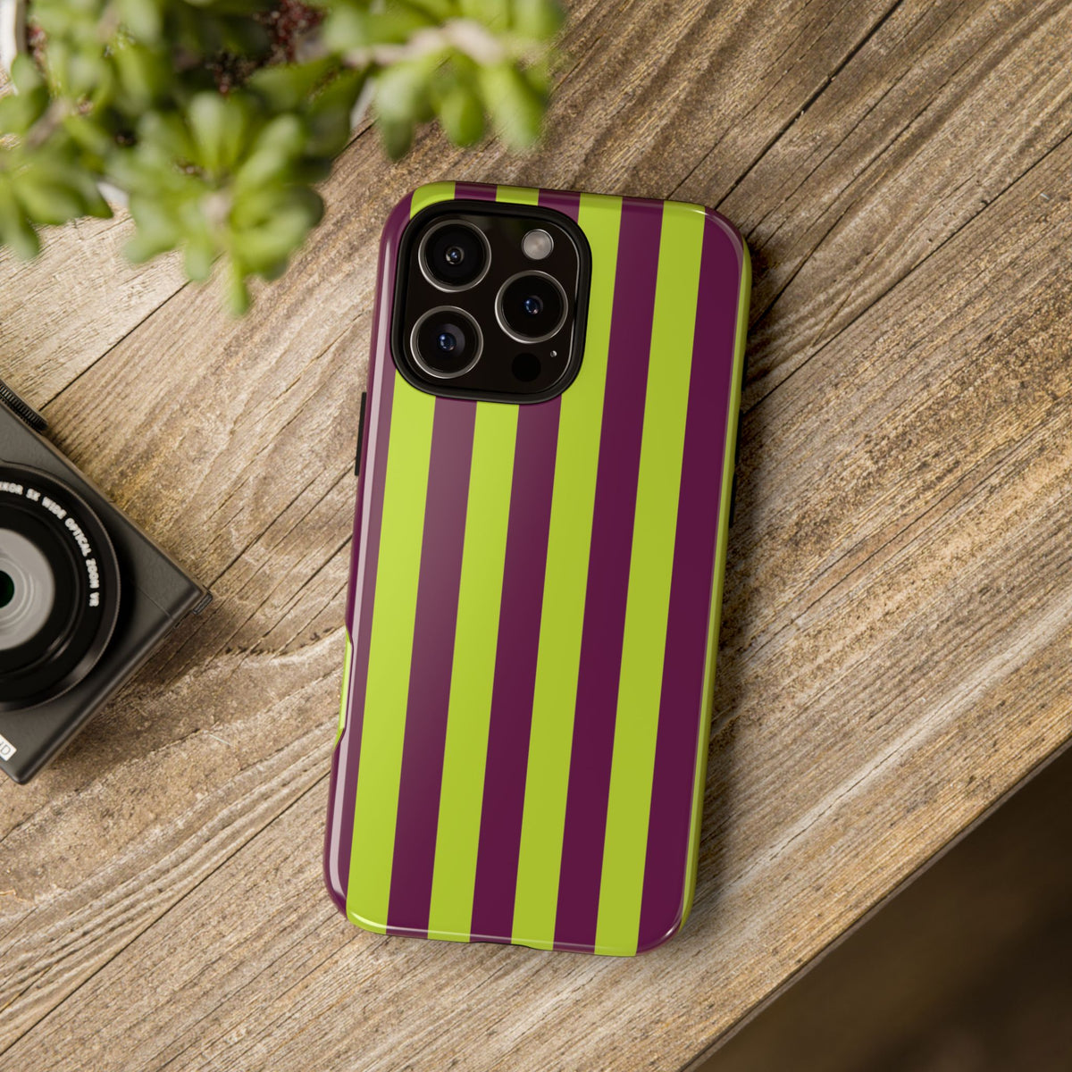 Trendy Neon Lime Green & Plum Stripe Pattern Phone Case - Green Phone Case