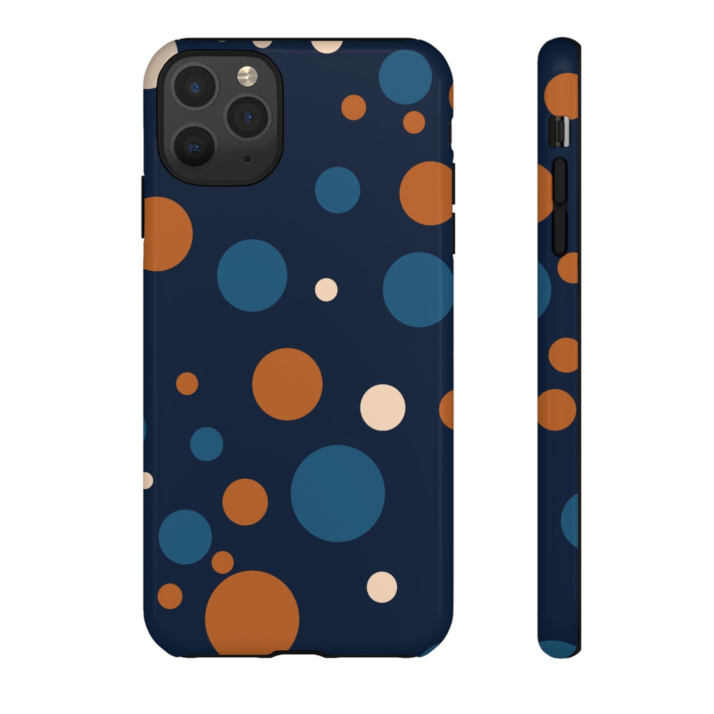 iPhone 11 Pro Max / Glossy Phone Case - ’Bold Navy Blue & Orange / White Dot Pattern’ Phone Case