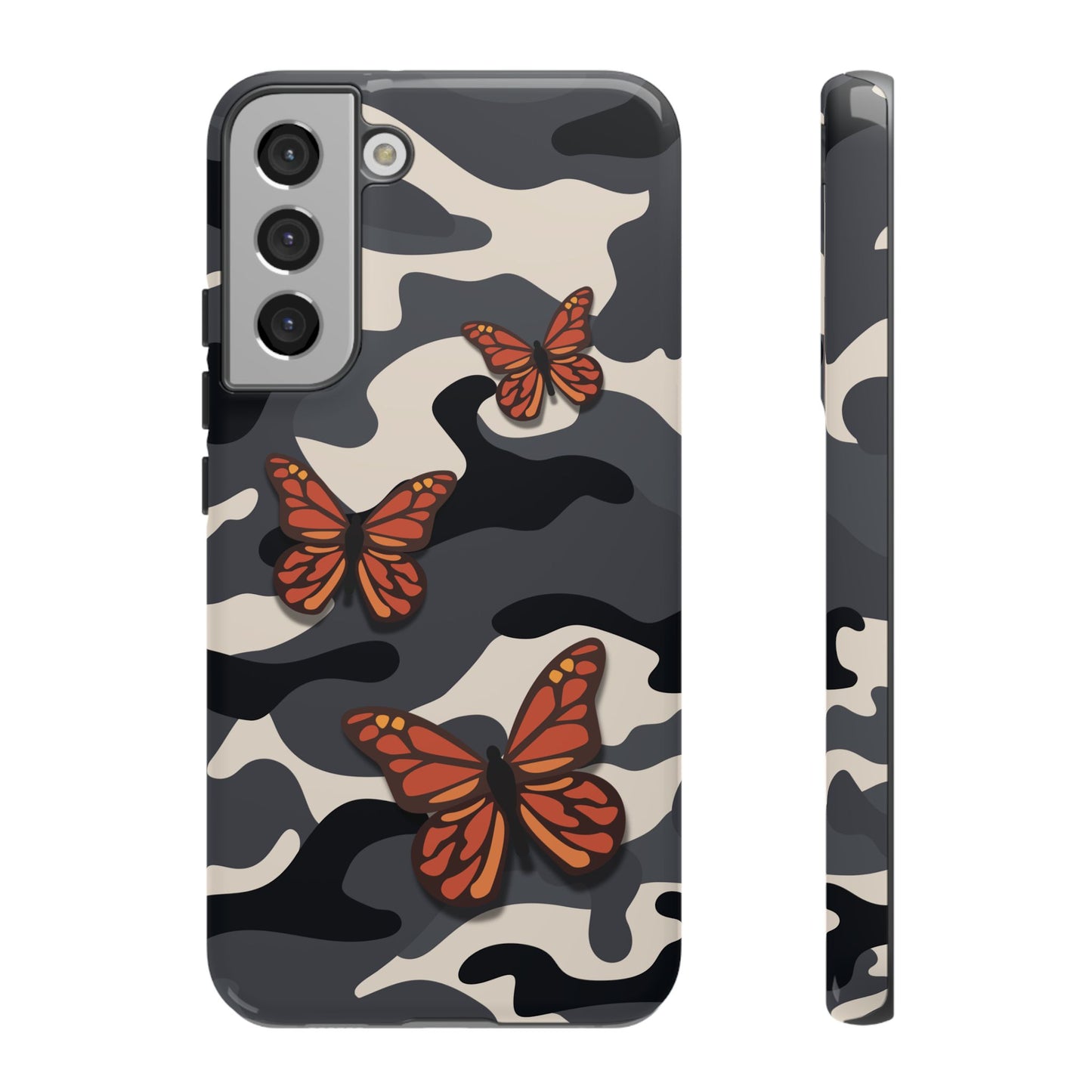 Samsung Galaxy S22 Plus / Glossy Phone Case - Black & Orange Butterfly Camo Phone Case