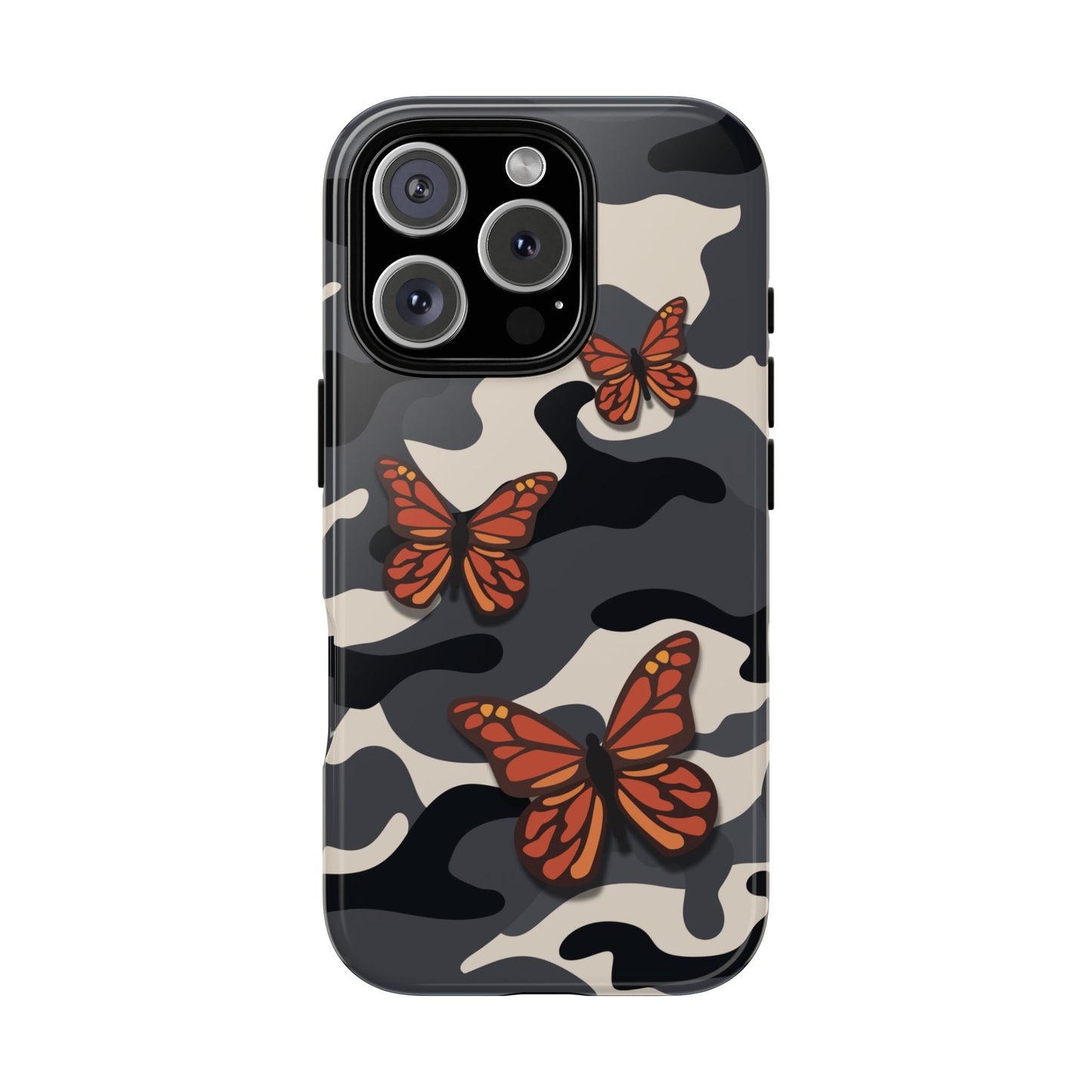 iPhone 16 Pro / Glossy Phone Case - Black & Orange Butterfly Camo Phone Case