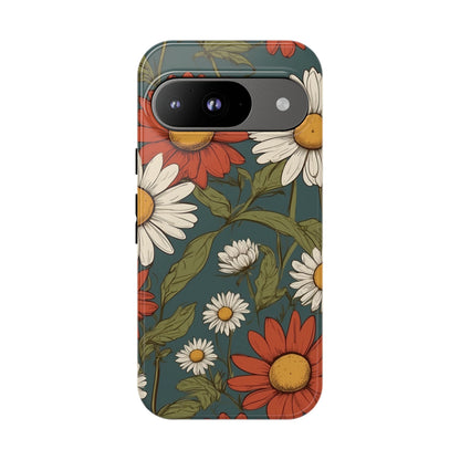 Google Pixel 9 / Glossy Phone Case - Boho Chic Daisies Floral Pattern ’White & Red’ Phone Case