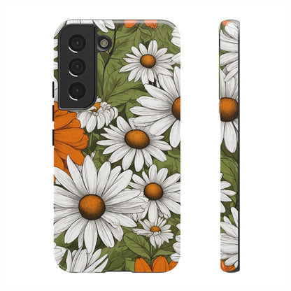 Samsung Galaxy S22 / Glossy Phone Case - Boho Chic Daisies Floral Pattern ’White Orange & Green’ Phone Case