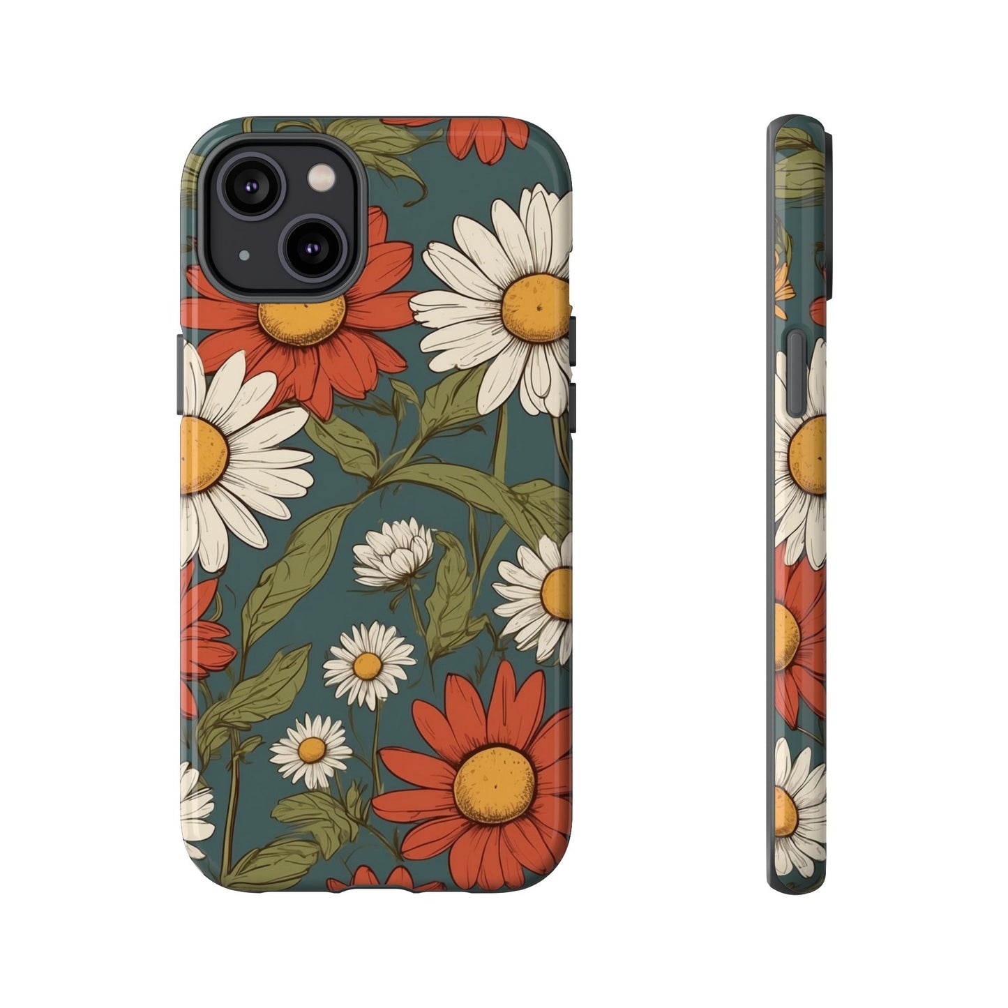 iPhone 14 Plus / Glossy Phone Case - Boho Chic Daisies Floral Pattern ’White & Red’ Phone Case