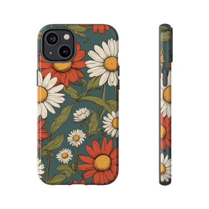 iPhone 14 Plus / Glossy Phone Case - Boho Chic Daisies Floral Pattern ’White & Red’ Phone Case