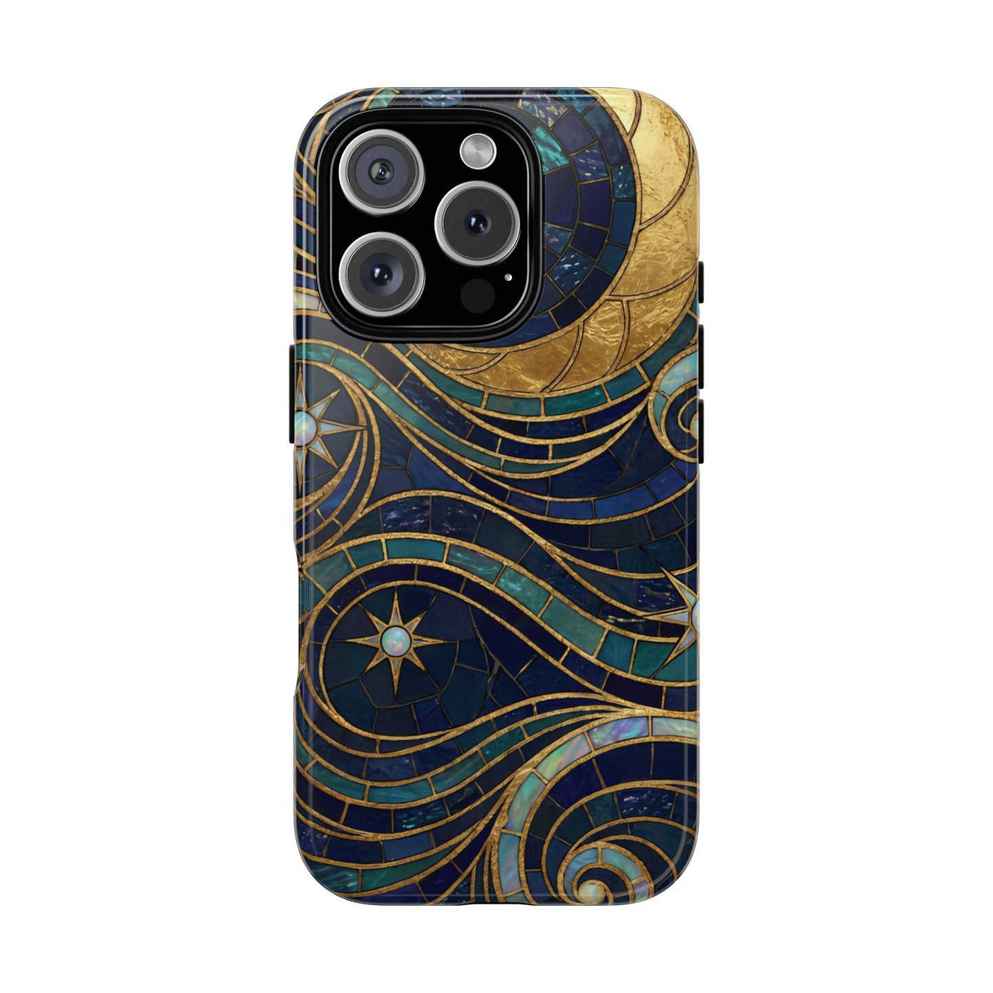 Elegant Navy & Gold Crescent Moon Mosaic Phone Case