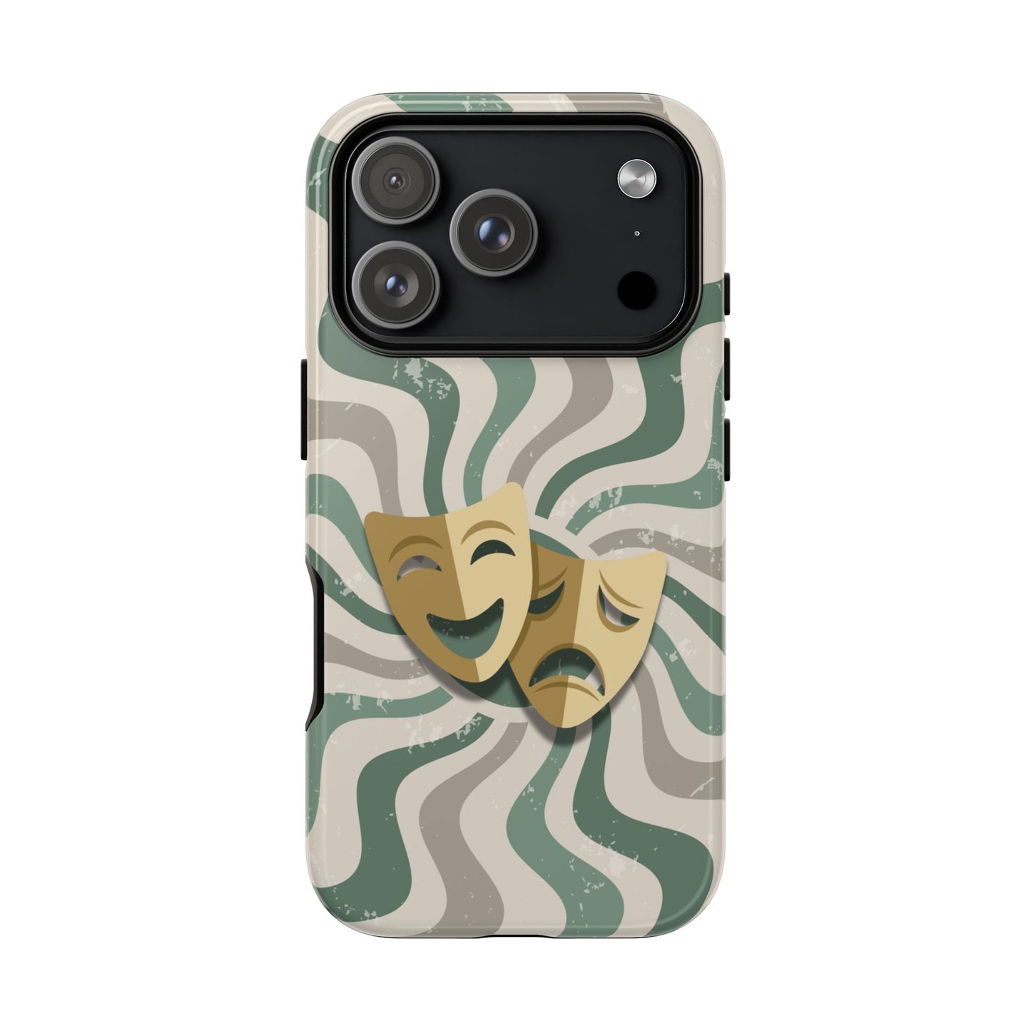 iPhone 17 Pro / Glossy Phone Case - Comedy & Tragedy Masks – Green Minimal Retro Wave Phone Case