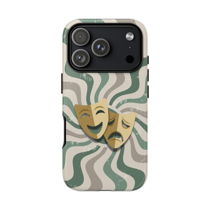 iPhone 17 Pro / Glossy Phone Case - Comedy & Tragedy Masks – Green Minimal Retro Wave Phone Case
