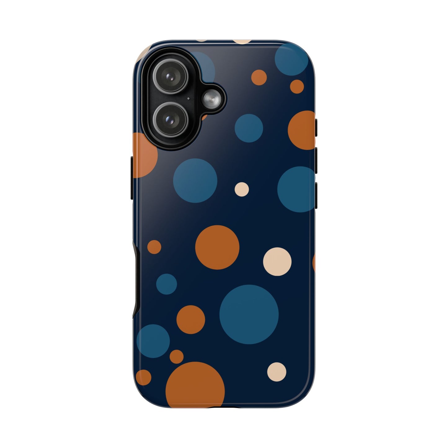 iPhone 17 / Glossy Phone Case - ’Bold Navy Blue & Orange / White Dot Pattern’ Phone Case