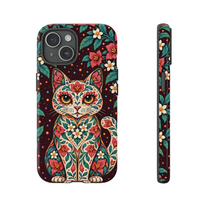 Vibrant Terracotta and Teal Calavera Cat Phone Case - Multicolor Phone Case - iPhone 15 / Glossy