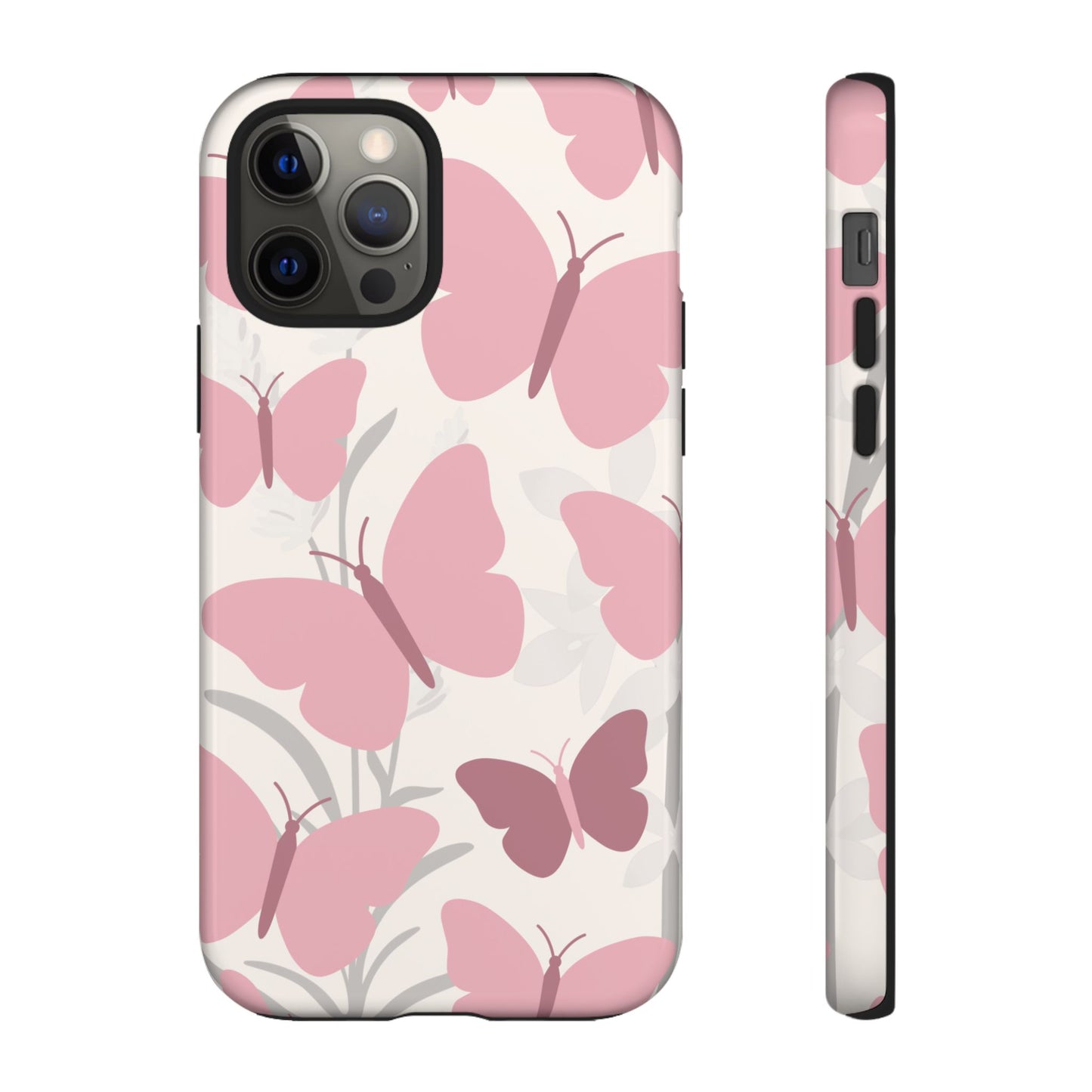 iPhone 12 Pro / Glossy Phone Case - Minimalist Cream & Pink Butterfly Pattern Phone Case