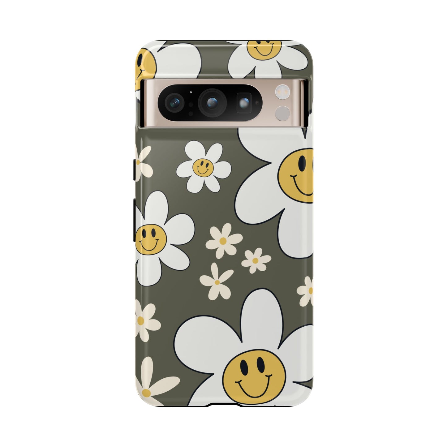 Google Pixel 8 Pro / Glossy Phone Case - Fun Retro Daisy Pattern with Olive Green Background Phone Case