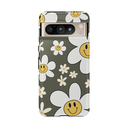 Google Pixel 8 Pro / Glossy Phone Case - Fun Retro Daisy Pattern with Olive Green Background Phone Case