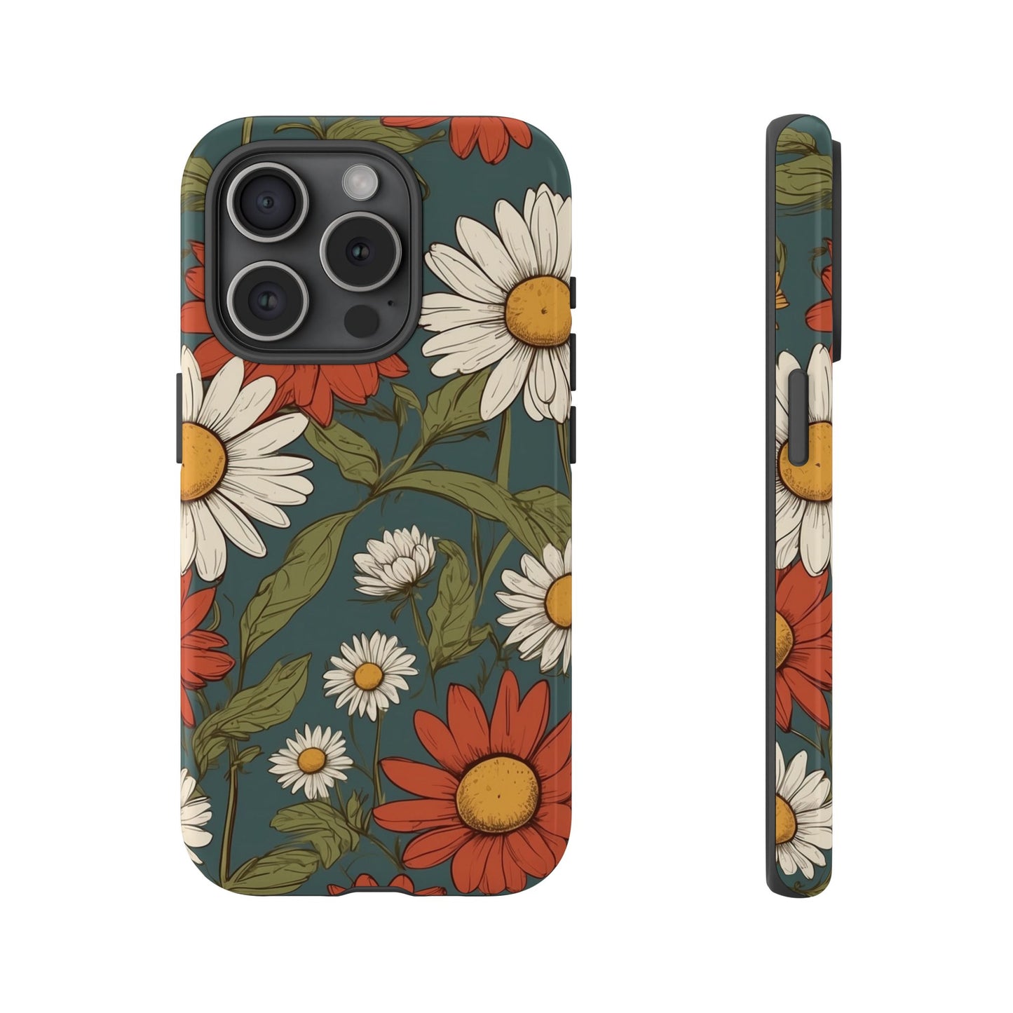 iPhone 15 Pro / Glossy Phone Case - Boho Chic Daisies Floral Pattern ’White & Red’ Phone Case