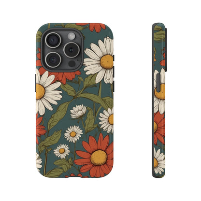 iPhone 15 Pro / Glossy Phone Case - Boho Chic Daisies Floral Pattern ’White & Red’ Phone Case
