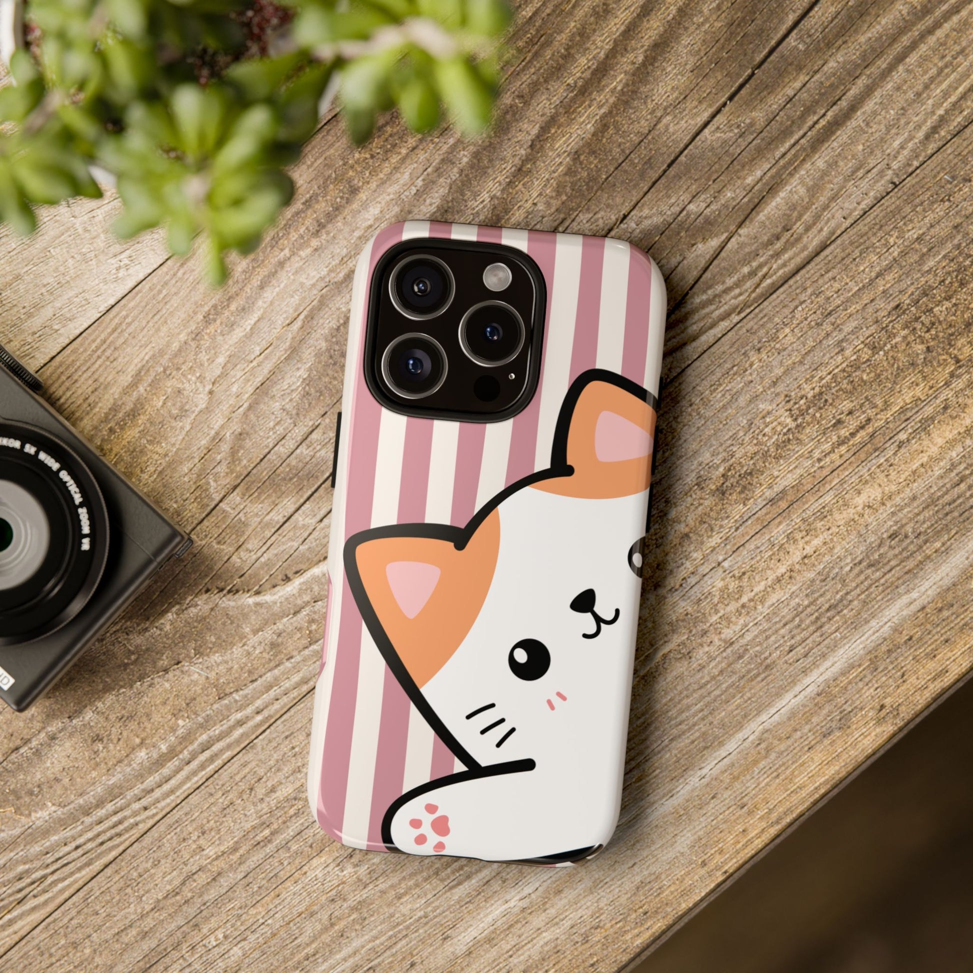 Playful Peakaboo Cat with Pink Stripe Pattern Phone Case - Pink Phone Case