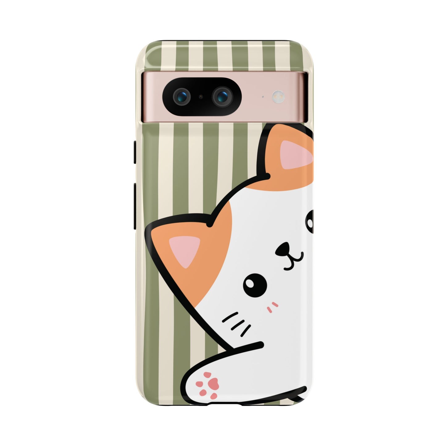 Google Pixel 8 / Glossy Phone Case - Peakaboo Cat with Green Stripe Pattern Phone Case