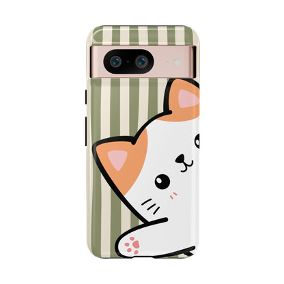 Google Pixel 8 / Glossy Phone Case - Peakaboo Cat with Green Stripe Pattern Phone Case