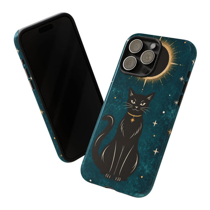 Whimsical Teal Celestial Black Cat Phone Case