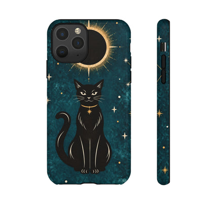 Whimsical Teal Celestial Black Cat Phone Case
