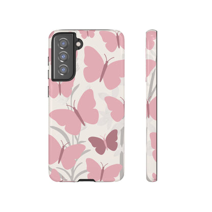 Samsung Galaxy S21 FE / Glossy Phone Case - Minimalist Cream & Pink Butterfly Pattern Phone Case