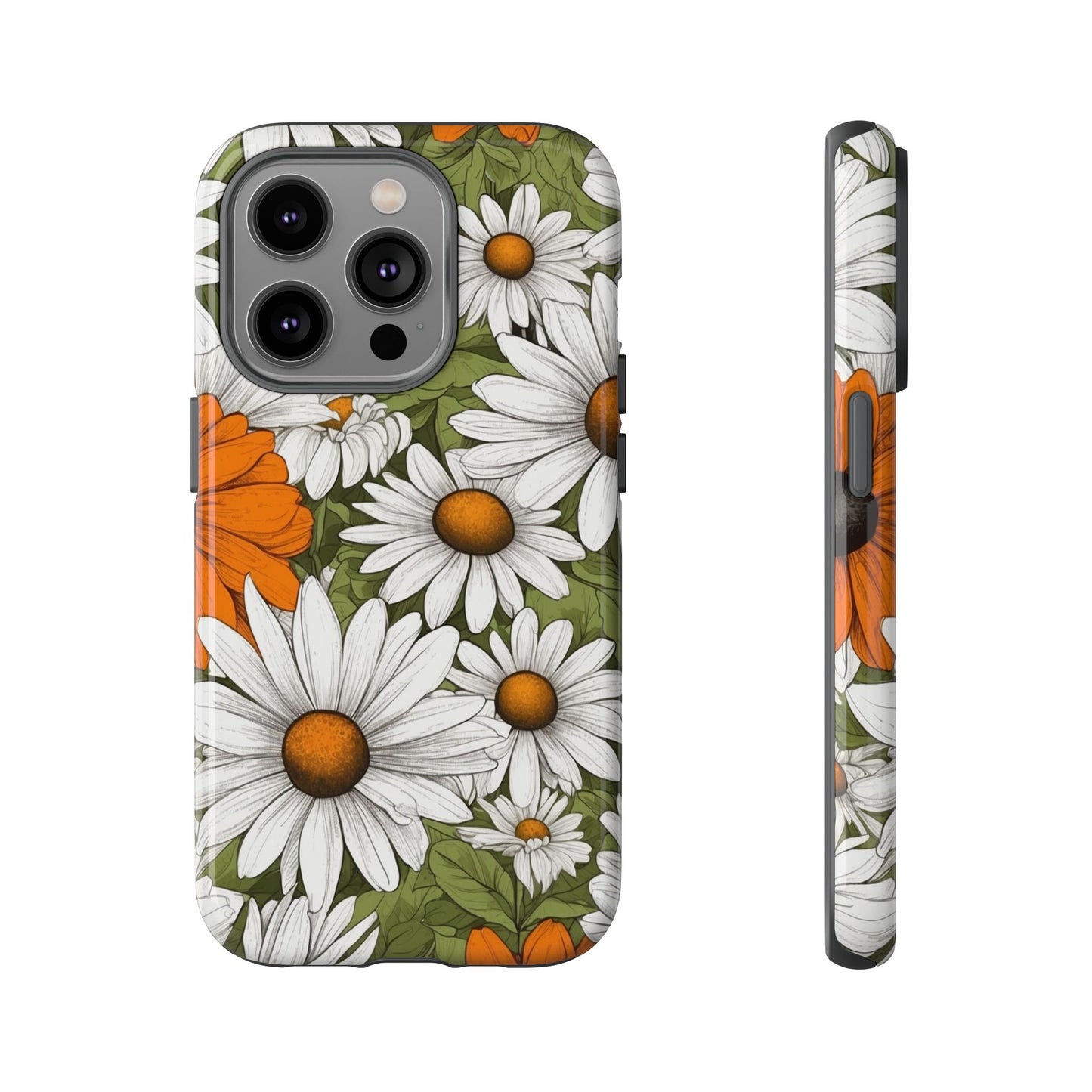 iPhone 14 Pro / Glossy Phone Case - Boho Chic Daisies Floral Pattern ’White Orange & Green’ Phone Case