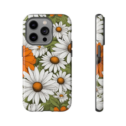 iPhone 14 Pro / Glossy Phone Case - Boho Chic Daisies Floral Pattern ’White Orange & Green’ Phone Case